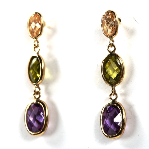 339 - A pair of gem set drop earrings, unmarked yellow metal settings with double rose-cut amethyst and pe... 