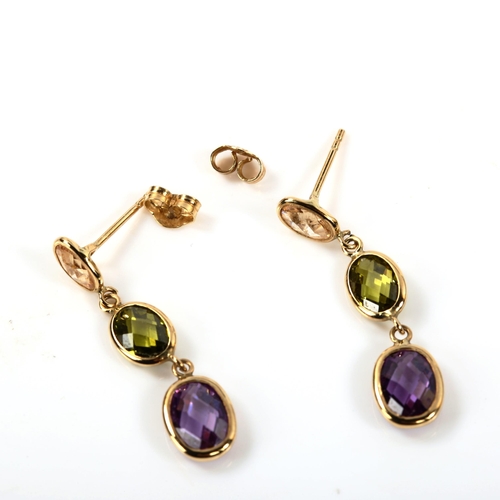 339 - A pair of gem set drop earrings, unmarked yellow metal settings with double rose-cut amethyst and pe... 