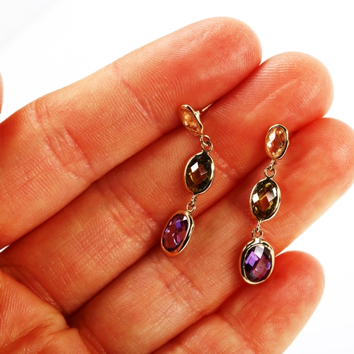 339 - A pair of gem set drop earrings, unmarked yellow metal settings with double rose-cut amethyst and pe... 