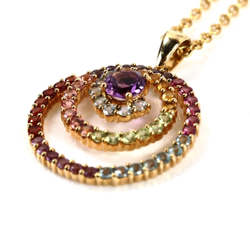 342 - A modern 9ct gold gem set swirl pendant necklace, on silver-gilt fine cable link chain, gemstones in... 