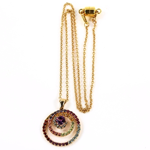 342 - A modern 9ct gold gem set swirl pendant necklace, on silver-gilt fine cable link chain, gemstones in... 