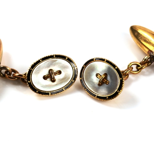 343 - A pair of early 20th century 18ct gold mother-of-pearl and black enamel button cufflinks, with torpe... 