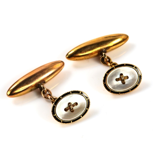 343 - A pair of early 20th century 18ct gold mother-of-pearl and black enamel button cufflinks, with torpe... 