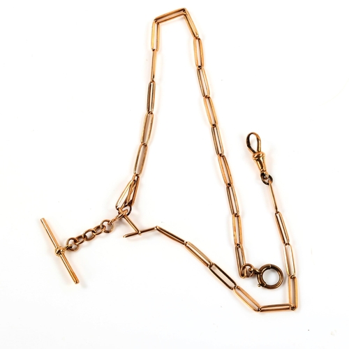 346 - An unmarked rose gold fancy link Albert chain necklace, with 15ct T-bar and dog clip, chain length 3... 