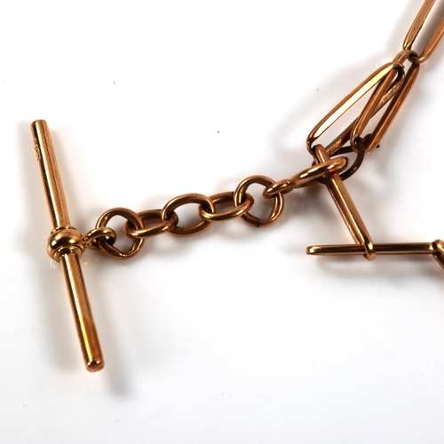 346 - An unmarked rose gold fancy link Albert chain necklace, with 15ct T-bar and dog clip, chain length 3... 