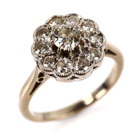 347 - An 18ct gold diamond cluster ring set with round brilliant and old-cut diamonds, total diamond conte... 