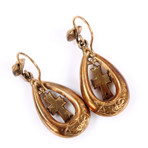 348 - A pair of Antique 9ct gold cross and heart Creole drop earrings, with shepherd hook fittings, earrin... 