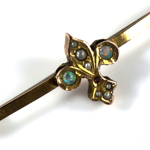 350 - A 9ct gold opal pearl and garnet fleur de lis bar brooch, brooch length 43.9mm, 2.8g