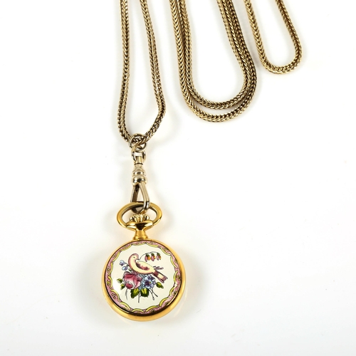 353 - HALCYON DAYS ENAMELS - a miniature gilded enamel quartz fob watch, on sterling silver-gilt chain, ca... 