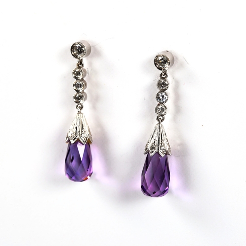 354 - A pair of Art Deco style amethyst and diamond drop earrings, set with briolette amethysts and round ... 