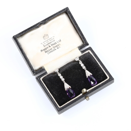 354 - A pair of Art Deco style amethyst and diamond drop earrings, set with briolette amethysts and round ... 