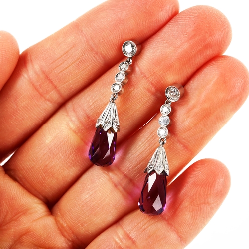 354 - A pair of Art Deco style amethyst and diamond drop earrings, set with briolette amethysts and round ... 