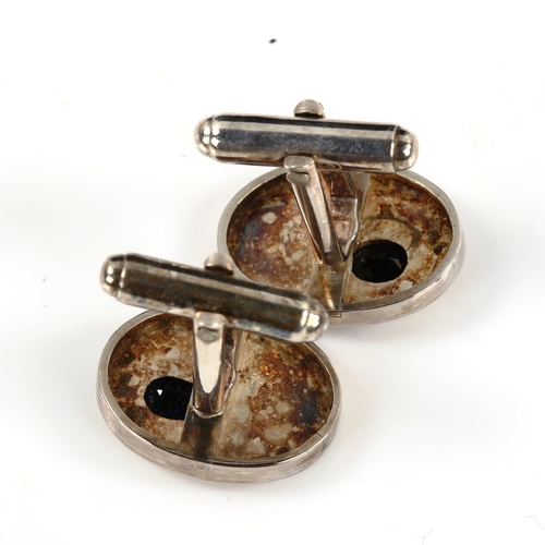 358 - A pair of sterling silver Sri Lankan sapphire oval cufflinks, textured design, panel length 20.5mm, ... 