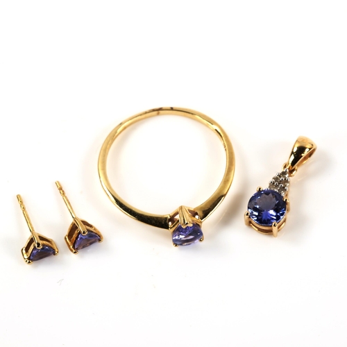 362 - A modern 9ct gold tanzanite and diamond matching ring, pendant and earring set, ring size R, pendant... 