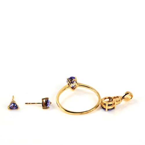 362 - A modern 9ct gold tanzanite and diamond matching ring, pendant and earring set, ring size R, pendant... 