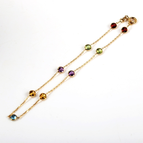 369 - A modern 14ct gold gem set spacer bracelet, gemstones include peridot garnet amethyst citrine and bl... 