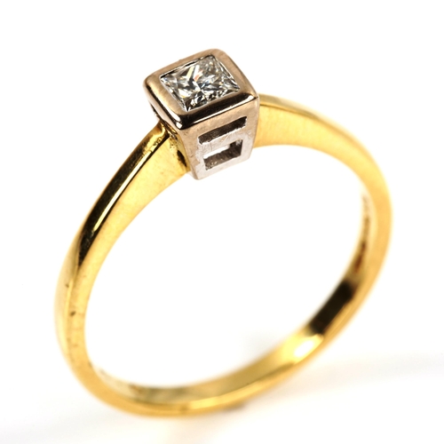 377 - An 18ct gold 0.2ct Princess-cut solitaire diamond ring, setting height 4.8mm, size O, 3g