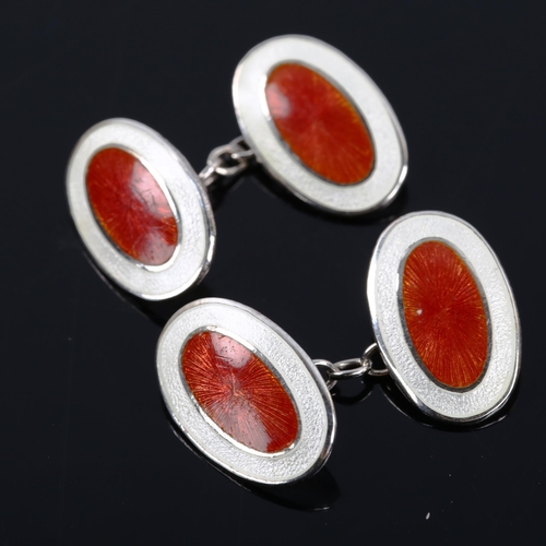 378 - A pair of Art Deco silver and enamel oval cufflinks, panel length 18.7mm, 6.8g