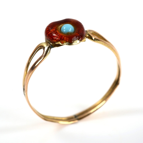 380 - A Georgian red enamel and turquoise sweetheart heart ring, unmarked gold with partially closed back ... 