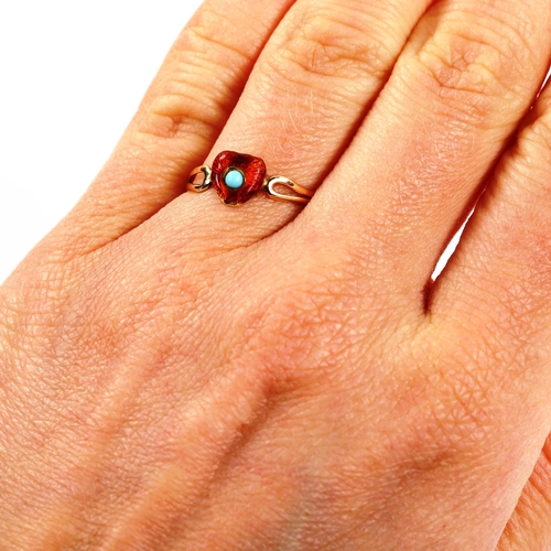 380 - A Georgian red enamel and turquoise sweetheart heart ring, unmarked gold with partially closed back ... 