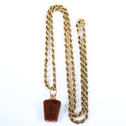 382 - A gold stone tablet pendant necklace, on 9ct rope twist chain, pendant height 30.8mm, chain length 6... 