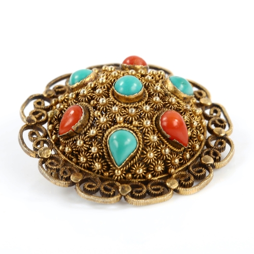 386 - An Oriental silver-gilt hardstone bombe brooch, cannetille wirework decoration, brooch diameter 36.2... 