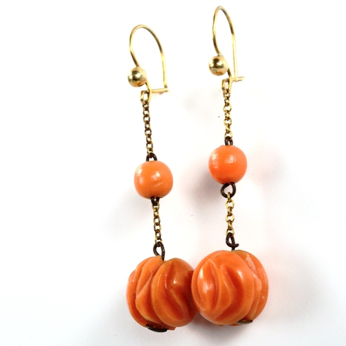 389 - A pair of Antique coral drop earrings, unmarked yellow metal settings with French lock fittings, ear... 