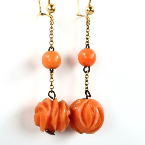 389 - A pair of Antique coral drop earrings, unmarked yellow metal settings with French lock fittings, ear... 