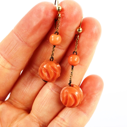 389 - A pair of Antique coral drop earrings, unmarked yellow metal settings with French lock fittings, ear... 