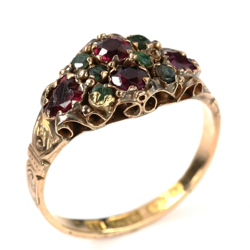 394 - A Victorian 15ct gold garnet and emerald dress ring, set with round and heart-cut gemstones, with fo... 