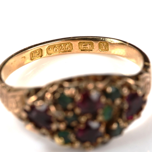 394 - A Victorian 15ct gold garnet and emerald dress ring, set with round and heart-cut gemstones, with fo... 