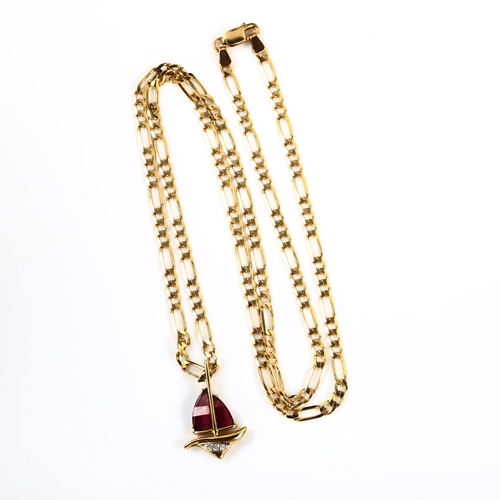 398 - A modern 9ct gold amethyst and diamond sailing boat pendant necklace, on 9ct figaro link chain, pend... 