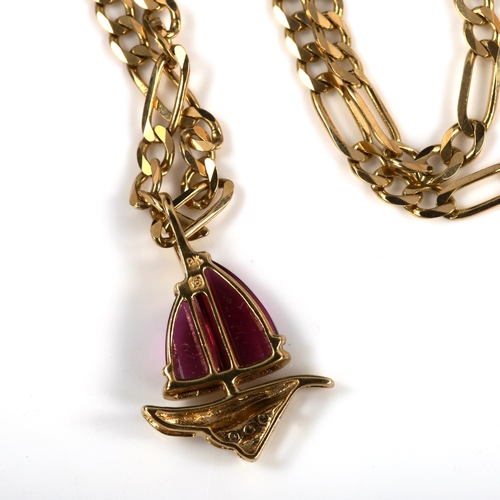 398 - A modern 9ct gold amethyst and diamond sailing boat pendant necklace, on 9ct figaro link chain, pend... 