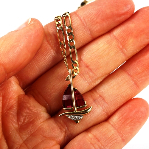 398 - A modern 9ct gold amethyst and diamond sailing boat pendant necklace, on 9ct figaro link chain, pend... 