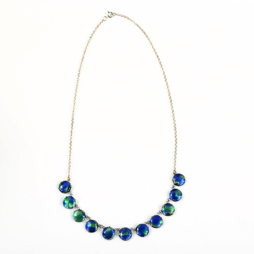 401 - A modern silver peacock glass fringe necklace, roundel diameter 10.3mm, chain length 42cm, 9.8g