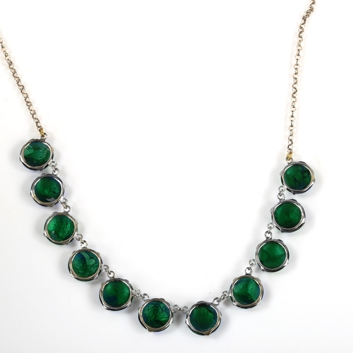 401 - A modern silver peacock glass fringe necklace, roundel diameter 10.3mm, chain length 42cm, 9.8g