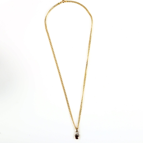 403 - A 9ct gold garnet and diamond pendant necklace, on 9ct flat hollow curb link chain, pendant height 1... 