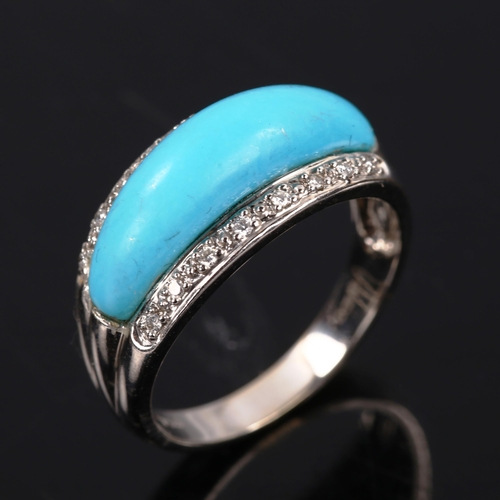 405 - A modern 18ct white gold turquoise and diamond half hoop ring, setting height 9.5mm, size N, 5.5g