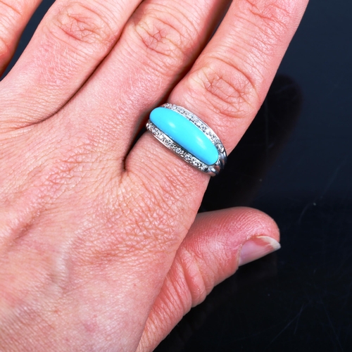 405 - A modern 18ct white gold turquoise and diamond half hoop ring, setting height 9.5mm, size N, 5.5g