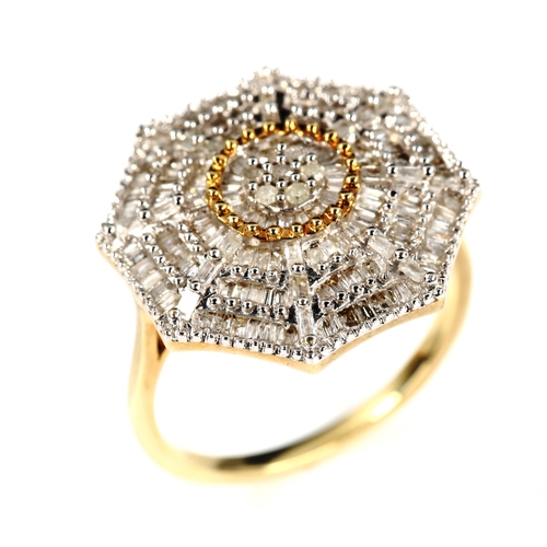 411 - A large modern 9ct gold diamond cluster spiderweb dress ring, set with baguette and modern round bri... 