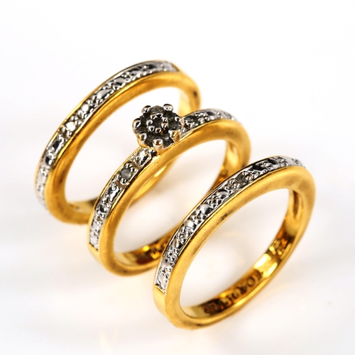 412 - A 3-piece diamond engagement bridal ring set, each band width 3.6mm, all size L, 6.9g total (3)