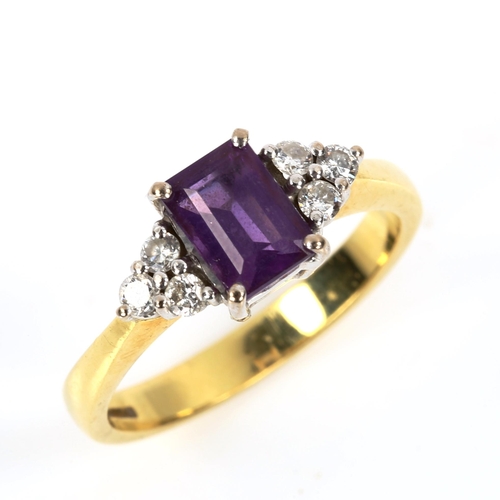 417 - An 18ct gold amethyst and diamond dress ring, set with rectangular step-cut amethyst and round brill... 