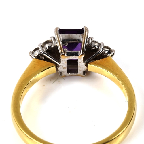 417 - An 18ct gold amethyst and diamond dress ring, set with rectangular step-cut amethyst and round brill... 