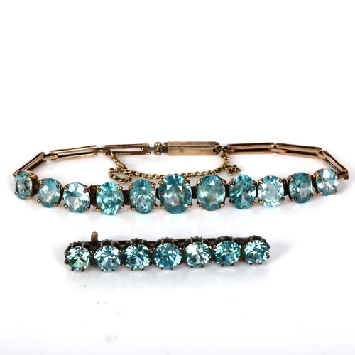 418 - An Art Deco graduated blue zircon matching line bracelet and brooch, largest zircon measures: 8.78mm... 