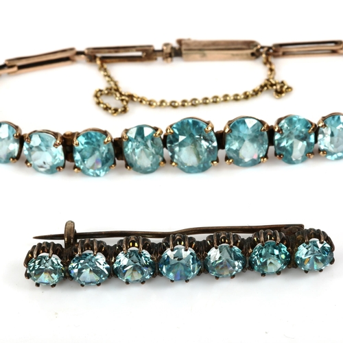 418 - An Art Deco graduated blue zircon matching line bracelet and brooch, largest zircon measures: 8.78mm... 