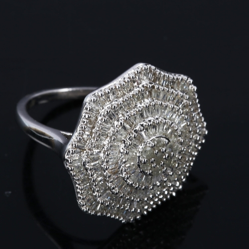 423 - A large modern sterling silver diamond cluster ring, tier set with single and baguette-cut diamonds,... 