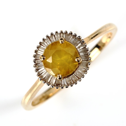 424 - A modern 9ct gold lemon quartz and diamond cluster ring, setting height 9.7mm, size R, 2.1g