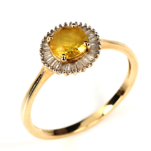 424 - A modern 9ct gold lemon quartz and diamond cluster ring, setting height 9.7mm, size R, 2.1g