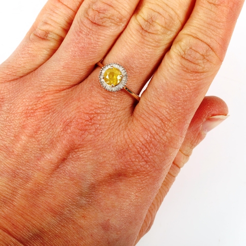 424 - A modern 9ct gold lemon quartz and diamond cluster ring, setting height 9.7mm, size R, 2.1g