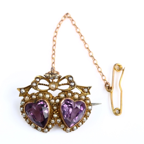 428 - A Victorian amethyst and pearl double sweetheart brooch, unmarked gold settings, brooch length 26.3m... 